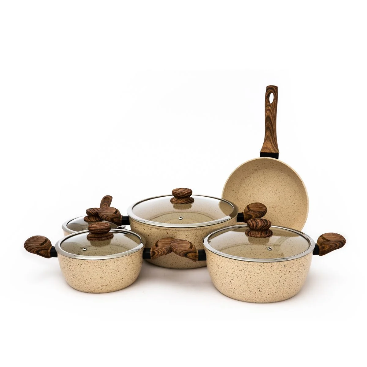 Rocky Granite Cookware Set With Glass Lid 9 Pieces Beige