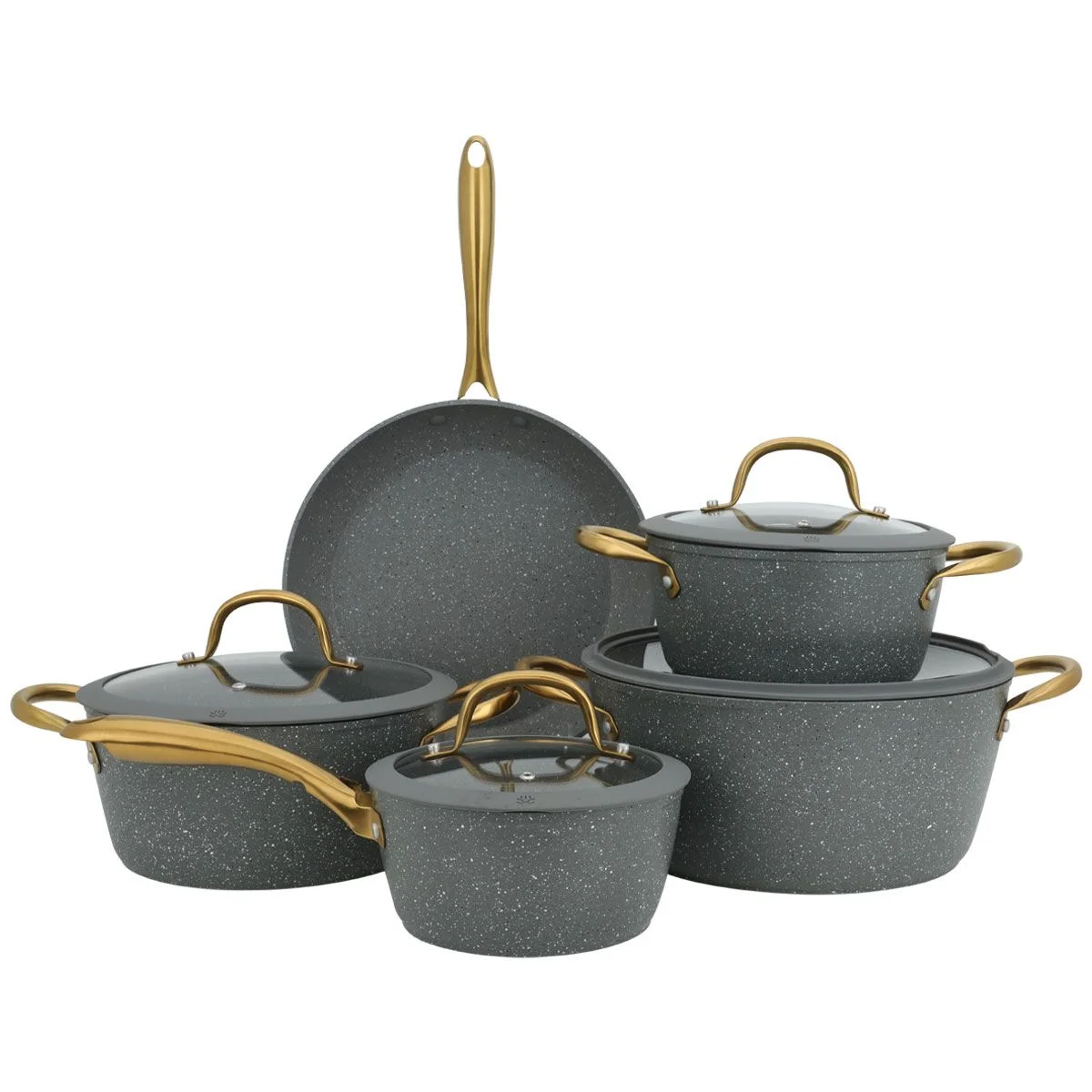 Rocky Gray Granite Cookware Set With Golden Hand Glass Cover 9 Pieces