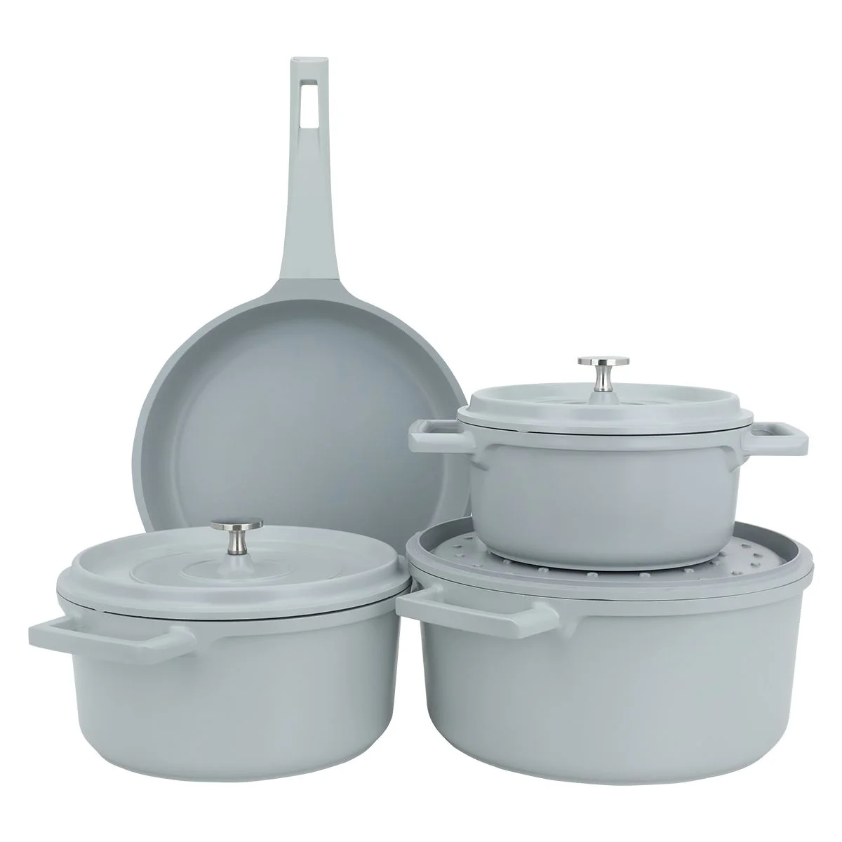 Robust aluminum cookware set with non-stick coating light gray 7 pieces