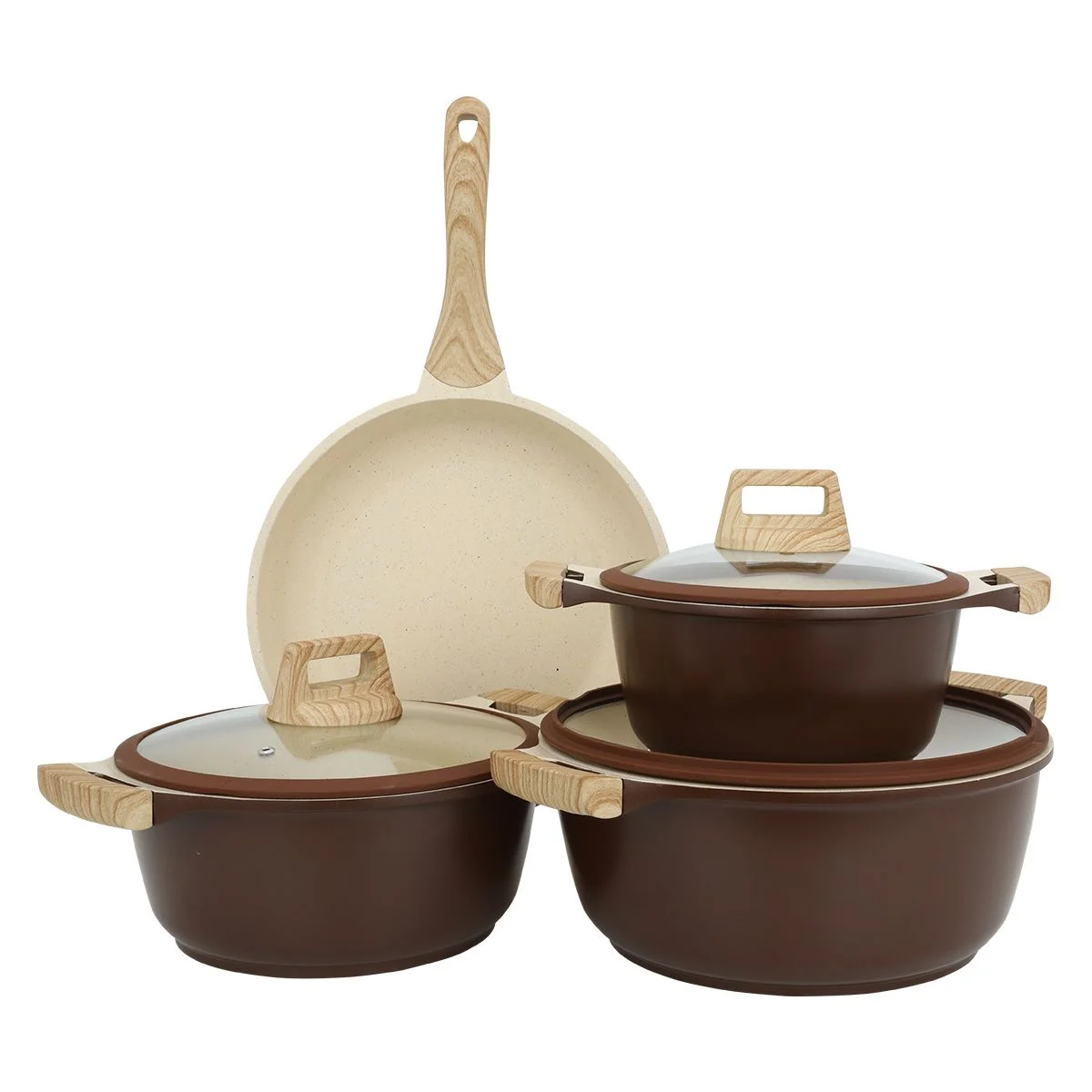 Robust dark brown granite pots set with glass lid, silicone and light wooden handle 7 pieces