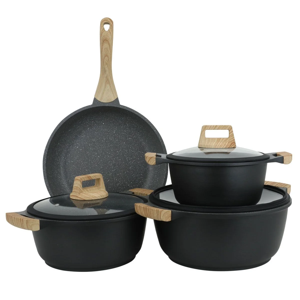 Robust black granite pots set with silicone glass lid 7 pieces