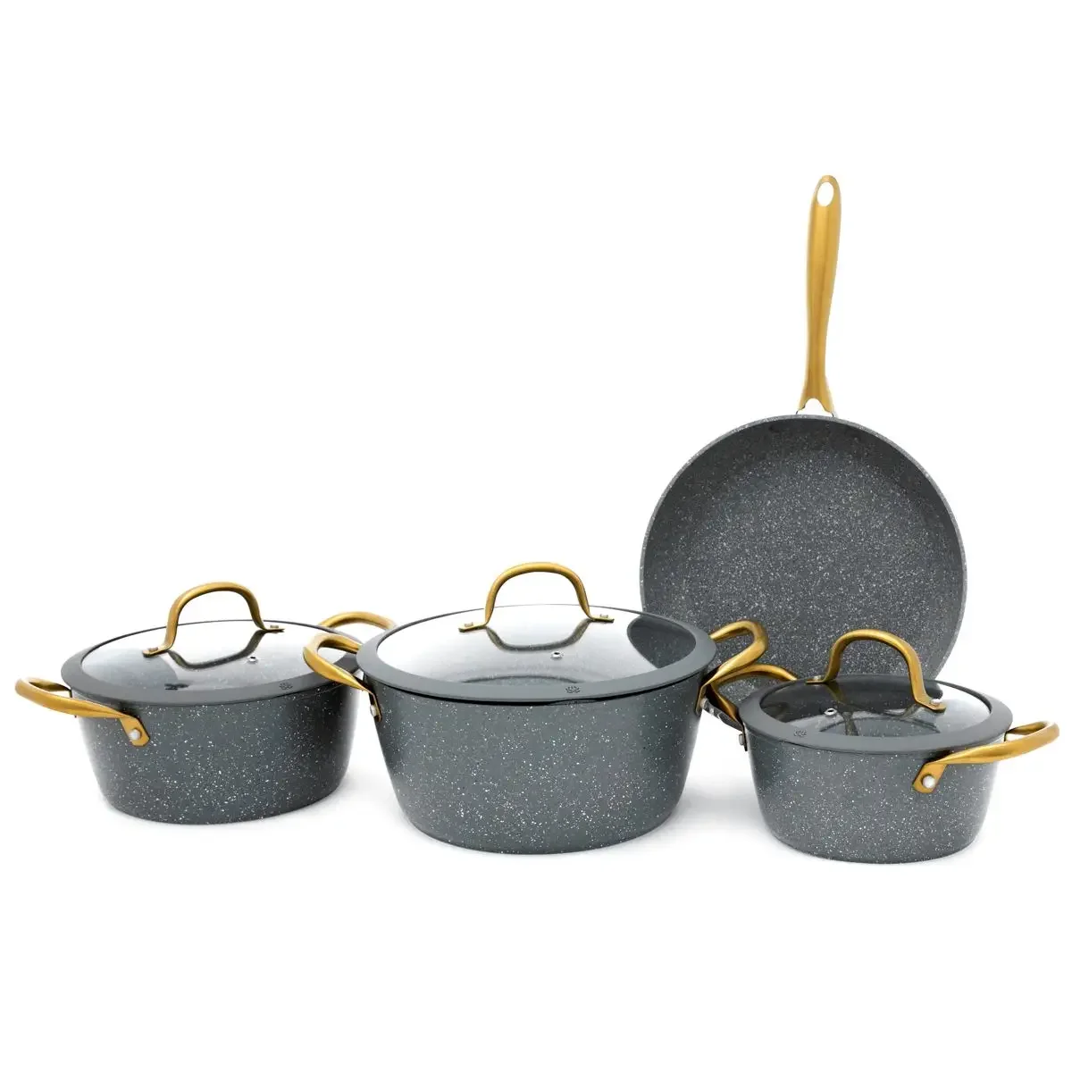 Rocky Gray Granite Cookware Set With Golden Hand Glass Cover 7 Pieces