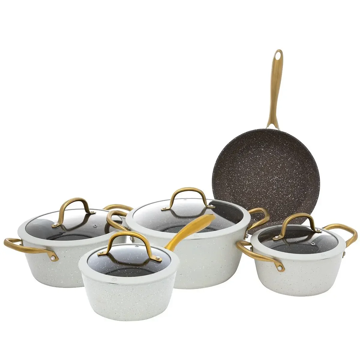 Rocky Beige Granite Cookware Set With Golden Hand Glass Cover 9 Pieces