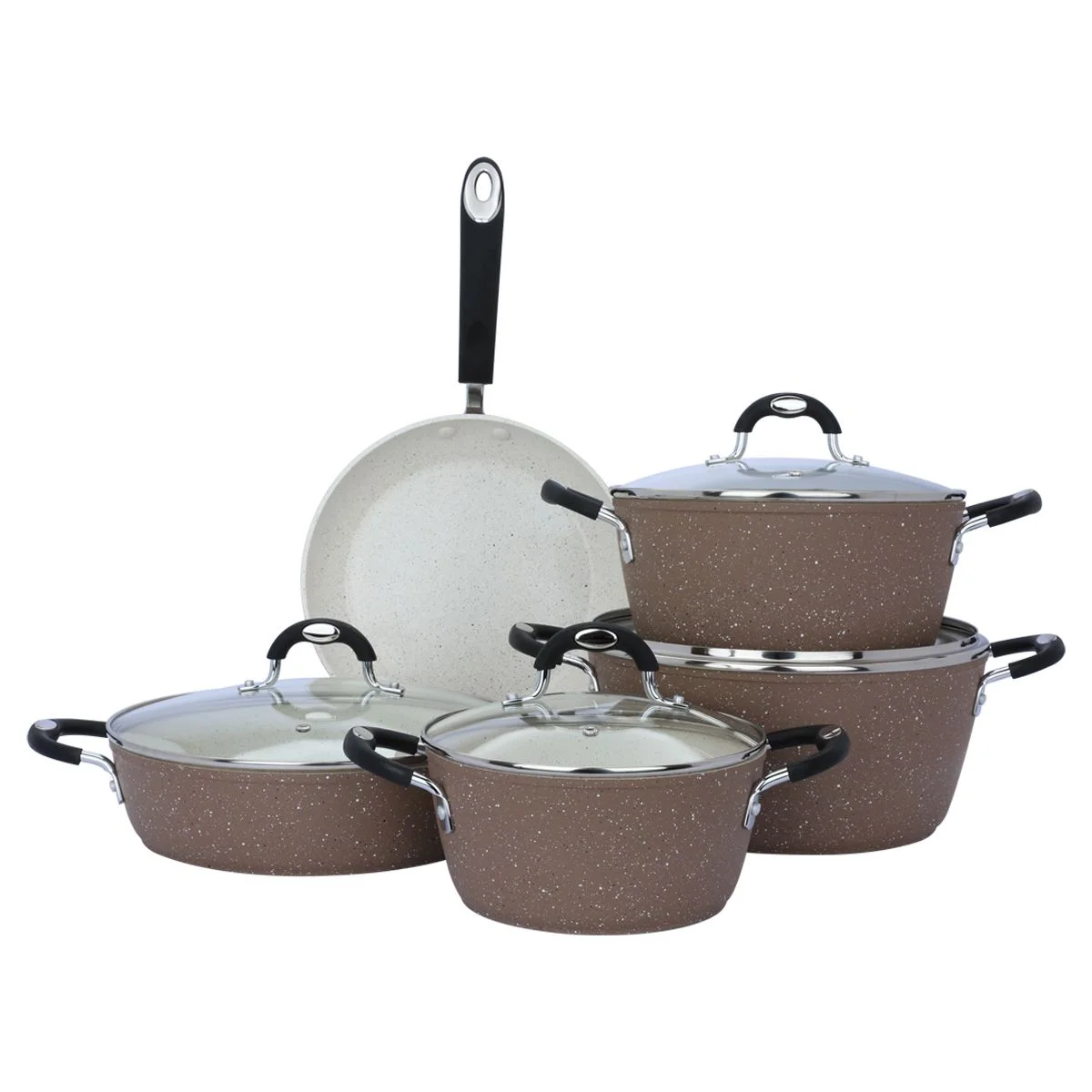 Rocky Brown Granite Cookware Set With Glass Lid 9 Pieces