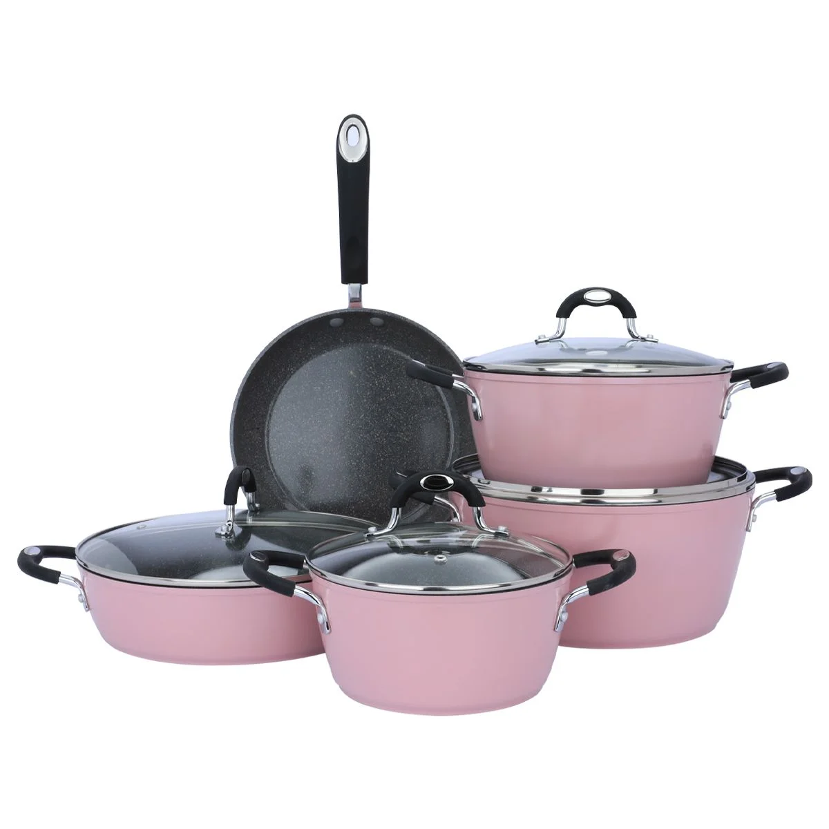 Rocky Pink Granite Cookware Set With Glass Lid 9 Pieces