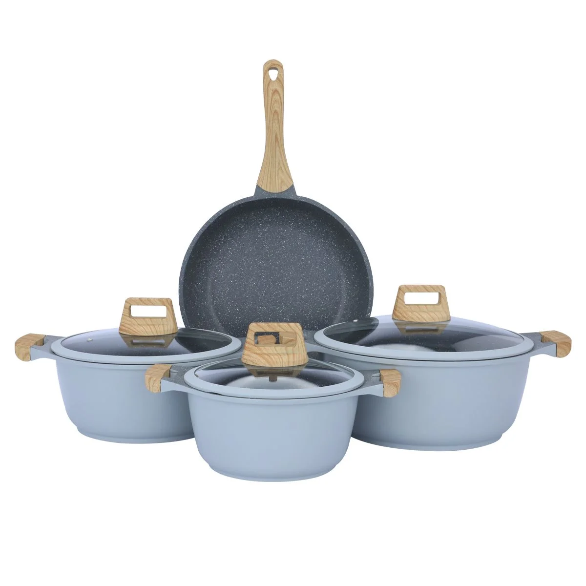 Robust Light Gray Granite Cookware Set With Glass Lid And Light Wooden Hand 7 Pieces