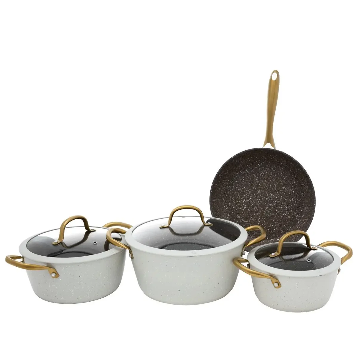 Rocky Beige Granite Cookware Set With Golden Hand Glass Cover 7 Pieces