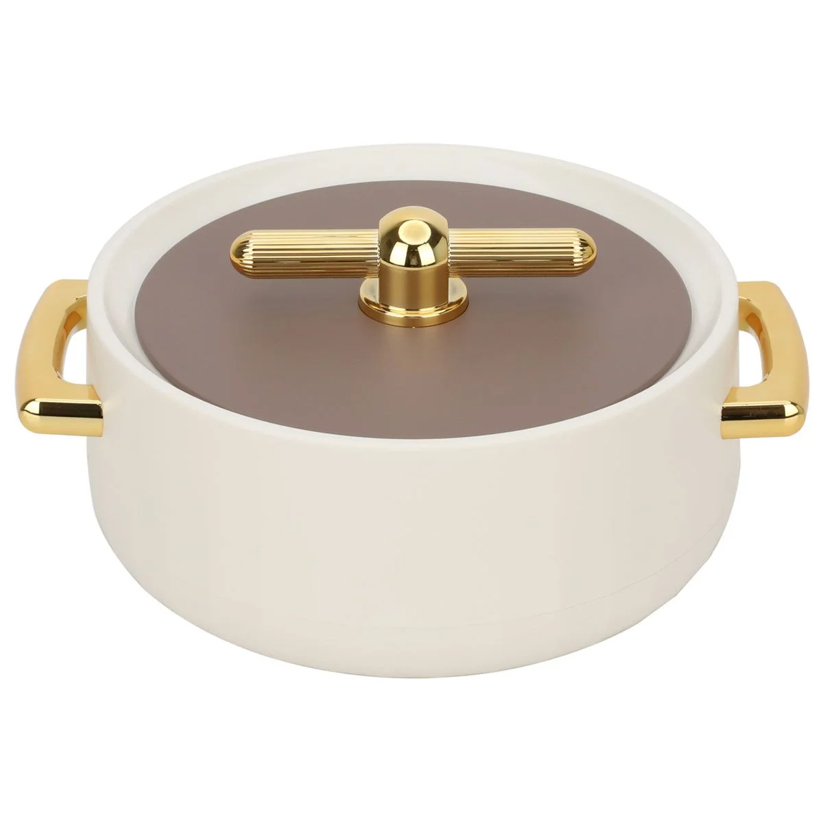 Round food container light beige with golden handle and cover dark brown 150ml