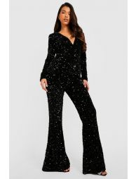 TALL VELVET SEQUIN FLARE JUMPSUIT - BLACK