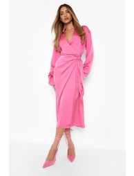 SATIN WRAP MIDAXI SHIRT DRESS - HOT PINK