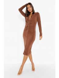 TEXTURED SLINKY GATHERED MIDI SHIRT DRESS - MOCHA