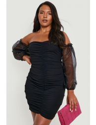 PLUS RUCHED ORGANZA SLEEVE BODYCON DRESS - BLACK