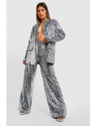 SILVER SEQUIN WIDE LEG TAILORED TROUSERS - SILVER