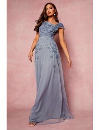 BRIDESMAID HAND EMBELLISHED BOW DETAIL MAXI - DUSTY BLUE