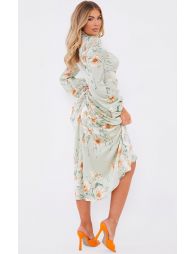 SAGE GREEN FLORAL TWIST BUST DRAPED MIDI DRESS