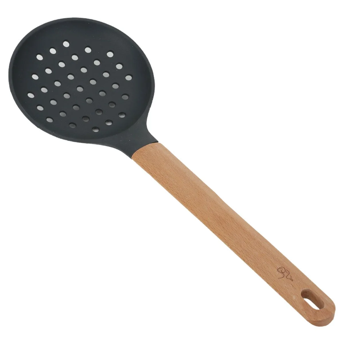 Perforated silicone room spoon with wooden handle