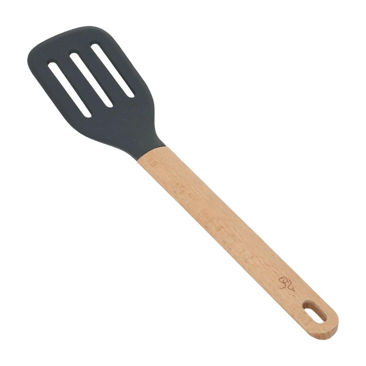 Perforated silicone cooking spoon with wooden handle