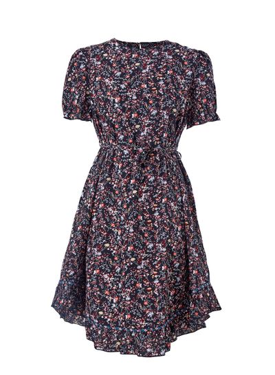 Casual Round Neck Ruffle Sleeve And Hem Bowtie Print Knee Length Dress Black