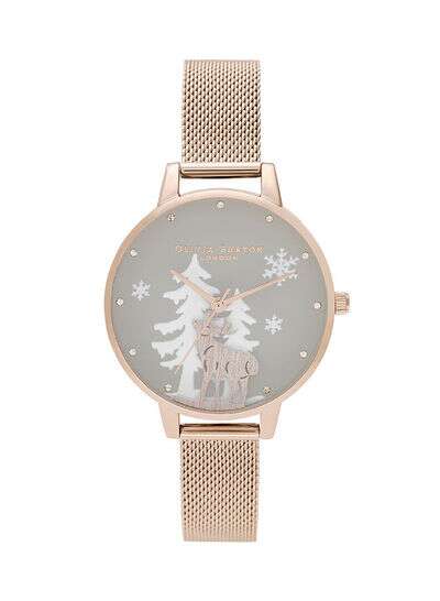 Women's Winter WonderlAnd Grey & Trees And Wooden Effect Stag Dial Watch - OB16AW01