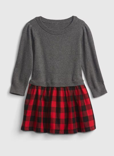 Toddler Ribbed Sweater Mix-Media Dress Buffalo Plaid